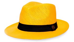 Chapéu Fedora Palha Rígida Amarelo Aba Levemente Curva 6,5cm Faixa Preta - Coleção Clássico