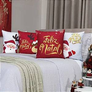 Kit com 4 Capas de Almofada Decorativas Feliz Natal - 45x45
