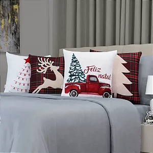 Kit 4 Capas de Almofada Decorativas Natal Novo Xadrez Vermelha – 45×45