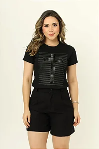 Tshirt Personalizada Jesus Cruz Aplicação Strass Preta