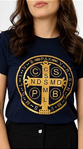 Camiseta Feminina Medalha De São Bento Azul-marinho Medalha São Bento P