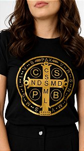 Camiseta Feminina Medalha De São Bento Preto Medalha São Bento P