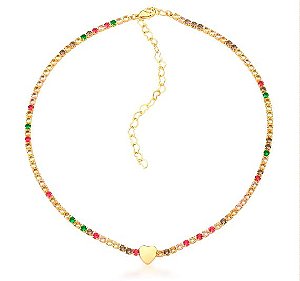 Choker Banhado ouro 18k Riviera Colorida com Coração Liso