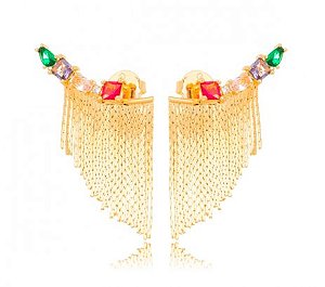 Brinco Banhado ouro 18k Ear Jacket Franja Cristal Color