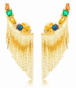 Brinco Banhado ouro 18k Ear Jacket Franja Cristal Color