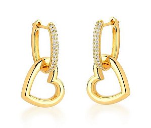 Brinco Banhado ouro 18k Zircônia Click Cravejado Com Coração Vazado Liso