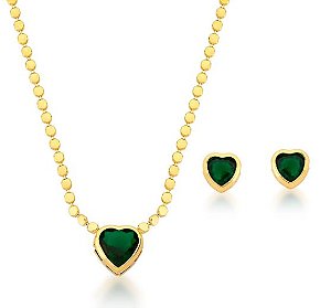 Conjunto  Banhado ouro 18k Cristal Coração verde