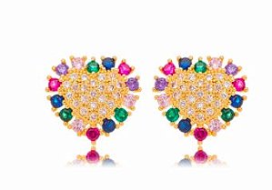 Brinco Banhado ouro 18k Coração Cravejado Color