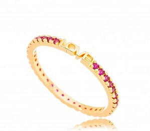 Anel Banhado Ouro 18k Micro Zircônia Rubi Love