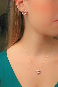 Conjunto Banhada Ouro 18K  Cristal Rosa Coração