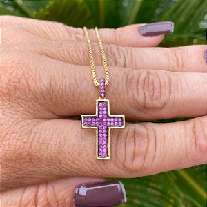 COLAR DOURADO CRUZ COM ZIRCÔNIA ROSA