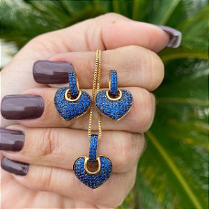 CONJUNTO DOURADO CORAÇÃO EM ZIRCÔNIA AZUL