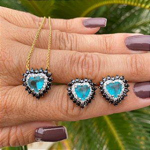 CONJUNTO CORAÇÃO COM ZIRCÔNIA BRANCA E NEGRA COM PEDRA AZUL TIFFANY