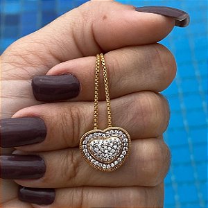 COLAR CORAÇÃO DOURADO COM MICRO ZIRCÔNIA BRANCA.