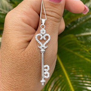 COLAR CHAVE PRATA 925 CRAVEJADA EM ZIRCÔNIA