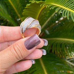 ANEL FOLHEADO OURO 18K CRAVEJADO MICRO ZIRCÔNIA BRANCA