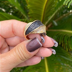 ANEL FOLHEADO OURO 18K CRAVEJADO MICRO ZIRCÔNIA BRANCA E NEGRA