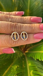 BRINCO FOLHEADO OURO 18K  NOSSA SENHORA APARECIDA COM ZIRCONIAS MICRO CRAVEJADAS