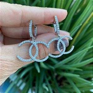 BRINCO PRATA 925 CHANEL COM ZIRCONIAS CRAVEJADAS