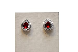 BRINCO FOLHEADO RODIO BRANCO GOTA EM ZIRCONIA CRAVEJADA E PEDRA CRISTAL VERMELHO RUBI
