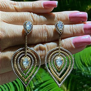 BRINCO FOLHEADO OURO 18K GOTA COM CRISTAL BRANCO