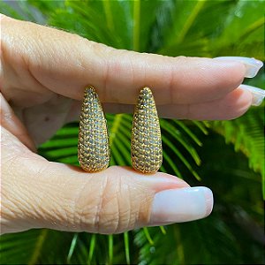 BRINCO FOLHEADO OURO 18K ARGOLA PINGO CRAVEJADO COM ZIRCÔNIAS COR BRANCA