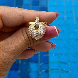 ANEL FOLHEADO OURO 18K PINGENTE DE CORAÇÃO TODO CRAVEJADO EM ZIRCÔNIAS BRANCAS COM CANETA DE RÓDIO BRANCO