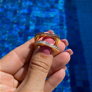 ANEL FOLHEADO OURO 18K CORAÇÃO DUPLO COM MICRO ZIRCÔNIAS BRANCAS E ROSAS