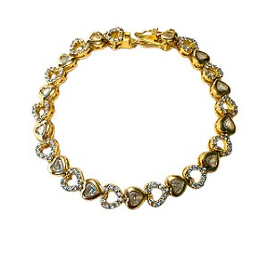 PULSEIRA FOLHEADA OURO 18K TODA EM CORAÇÃO DOURADO E CRAVEJADO COM MICRO ZIRCÔNIA BRANCA