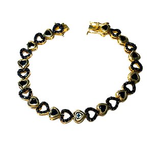 PULSEIRA FOLHEADA OURO 18K TODA EM CORAÇÃO DOURADO E CRAVEJADO COM MICRO ZIRCÔNIA NEGRA