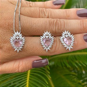 CONJUNTO PRATA 925 COM QUARTZO ROSA E NAVETE CRISTAL