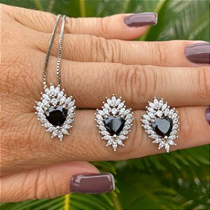 CONJUNTO PRATA 925 COM CRISTAL NEGRO  E NAVETE CRISTAL