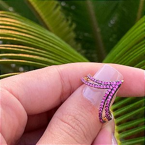 ANEL FOLHEADO OURO 18K V EM ZIRCÔNIA ROSA