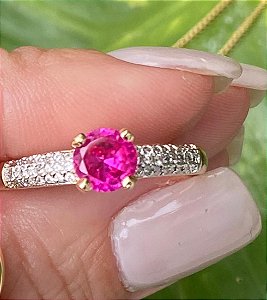 ANEL FOLHEADO OURO 18K CRAVEJADO COM ZIRCÔNIA CRISTAL REDONDO ROSA