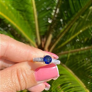 ANEL FOLHEADO OURO 18K CRAVEJADO COM ZIRCÔNIA CRISTAL REDONDO AZUL