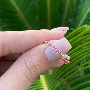 ANEL FOLHEADO OURO 18K LACINHO DELICADO MICRO CRAVEJADO EM ZIRCÔNIAS ROSAS