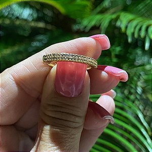 ANEL FOLHEADO OURO 18K ALIANÇA CRAVEJADA COM MICRO ZIRCÔNIA  BRANCA