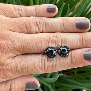 Brinco Folheado Rodio Branco Redondo Com Zircônia E Cristal Negro