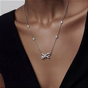 COLAR FOLHEADO RODIO BRANCO LACINHO COM COLAR TIFFANY