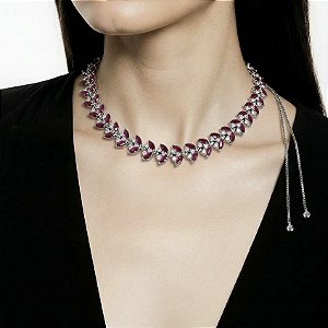 COLAR REGULAVEL GOTA ROSA COM ZIRCONIA CRAVEJADA FOLHEADO RODIO BRANCO