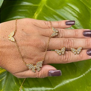 CONJUNTO BORBOLETA CRAVEJADA  FOLHEADO OURO 18K