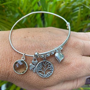 PULSEIRA BRACELETE PRATA 925 COM PINGENTE ARVORE DA VIDA, CORAÇÃO, TREVO E CRISTAL