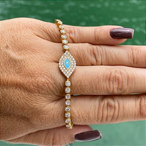 PULSEIRA FOLHEADA OURO 18K OLHO GREGO TODA CRAVEJADA COM ZIRCÔNIA BRANCA