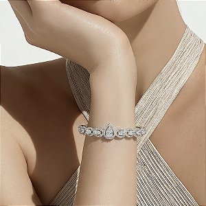 BRACELETE FOLHEADO RODIO BRANCO GOTA CRISTAL COM ZIRCONIA
