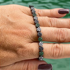 PULSEIRA FOLHEADA RODIO NEGRO  RIVIERA COM ZIRCONIAS BRANCAS,VERDE E NEGRA