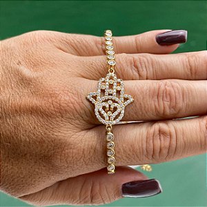 PULSEIRA FOLHEADA OURO 18K MÃO DE FATIMA COM ZIRCONIAS BRANCAS