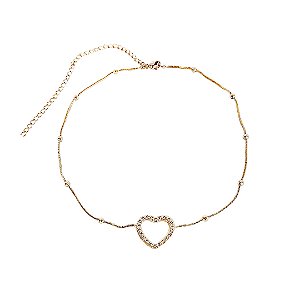 COLAR FOLHEADO OURO 18K CHOKER CORACÃO CRAVEJADA COM BOLINHAS