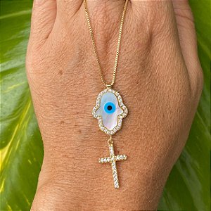 COLAR FOLHEADO OURO 18K MADREPEROLA MAO DE FATIMA!!!