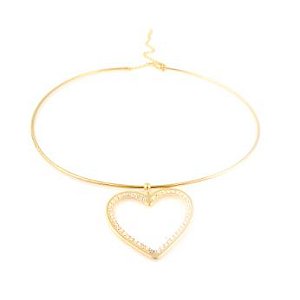 COLAR FOLHEADO OURO 18K CHOKER  CORAÇÃO GRANDE CRAVEJADO VAZADO