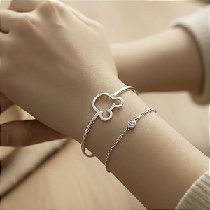 PULSEIRA FOLHEDA RODIO BRANCO BRACELETE MICKEY COM CORRENTINHA